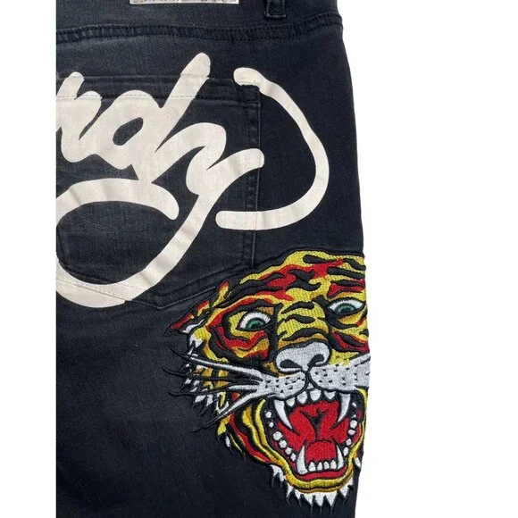 Ed Hardy 90s Flare black jeans Tiger head embroidery boho logo sz 34 - Picture 3 of 14